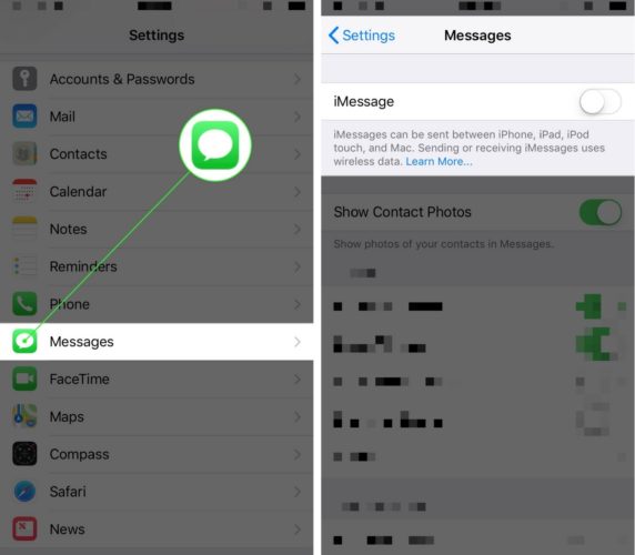 desactivar imessage en la aplicación de ajustes