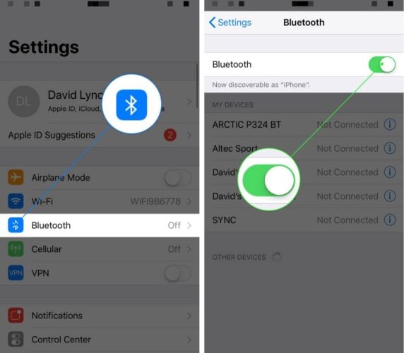 activar bluetooth en la aplicación de ajustes de iphone