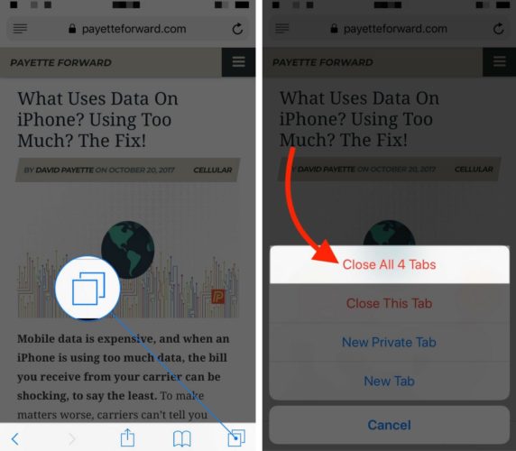 close all safari tabs at once on iphone