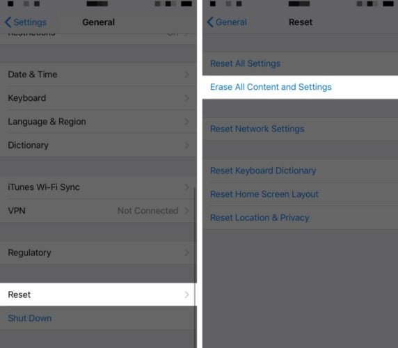 erase all content and settings on your iphone