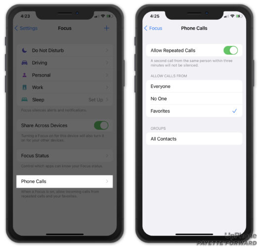 focus phone call settings