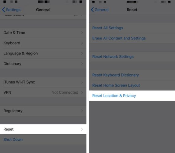 reset location and privacy on iphone