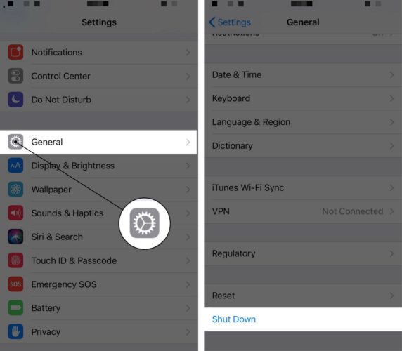 shut down iphone in general settings