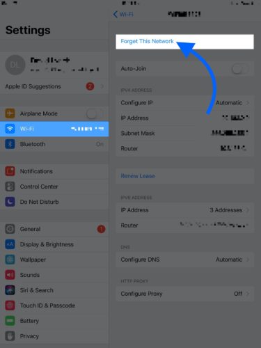 forget this wifi network on ipad