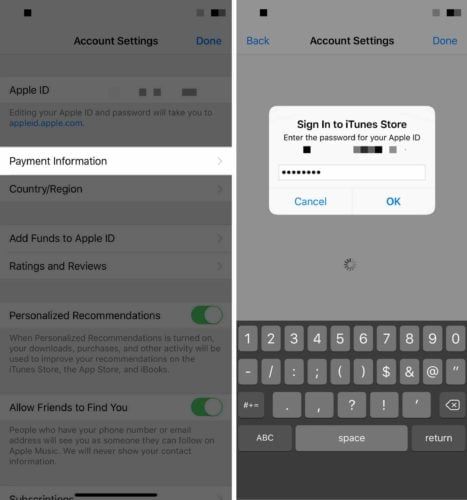 tap payment information account settings