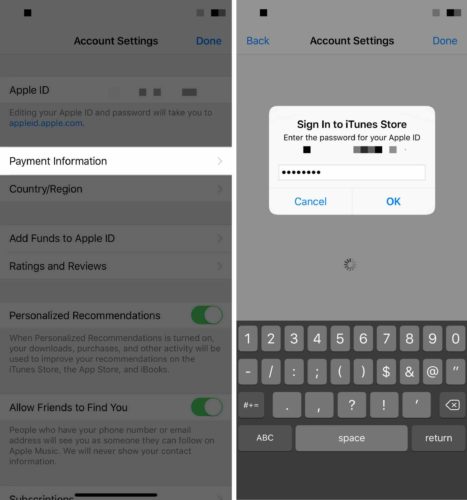 tap payment information account settings