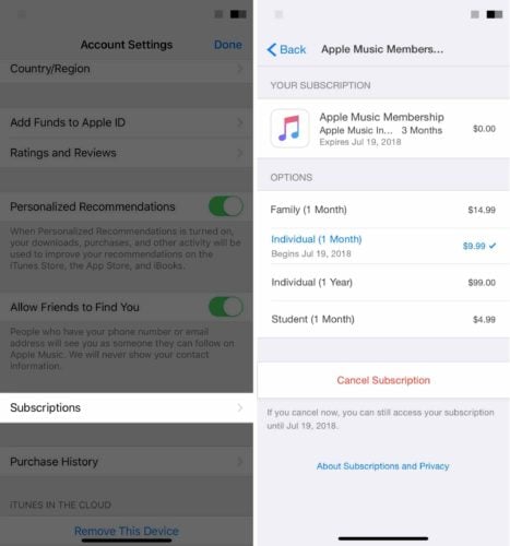 tap subscriptions account settings