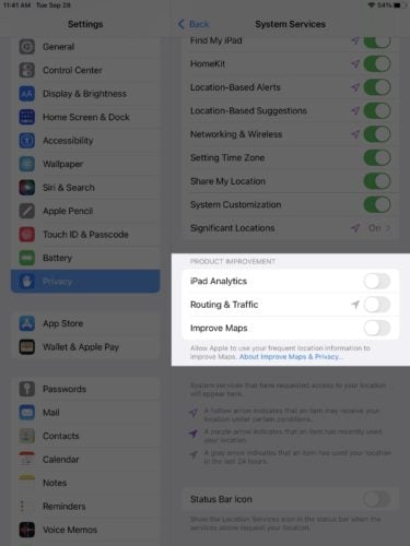 turn off product improvement switches ipad settings