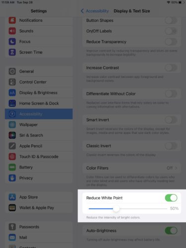 turn on reduce white point on ipad