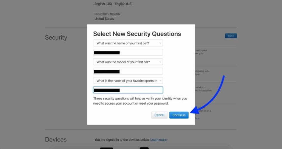 click continue with new security questions