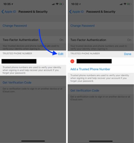 edit trusted phone number on iphone