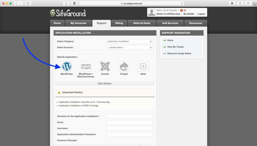 select application installation on siteground