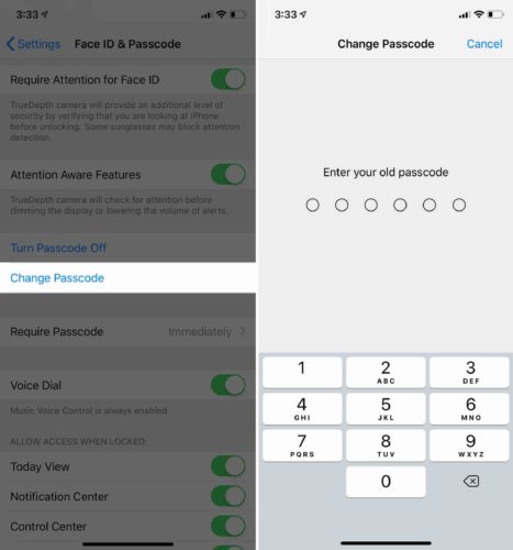 change passcode and enter old passcode on iphone