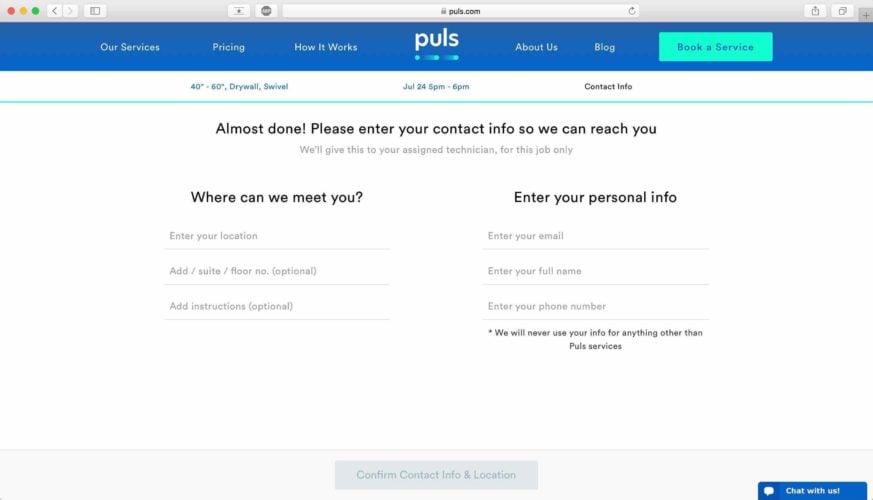 enter your address and personal info on puls