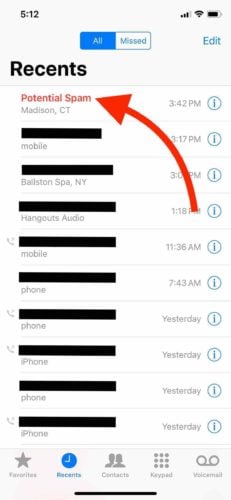 potential spam calls in recents iphone
