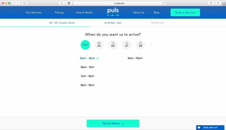 select time of puls tv mounting appointment