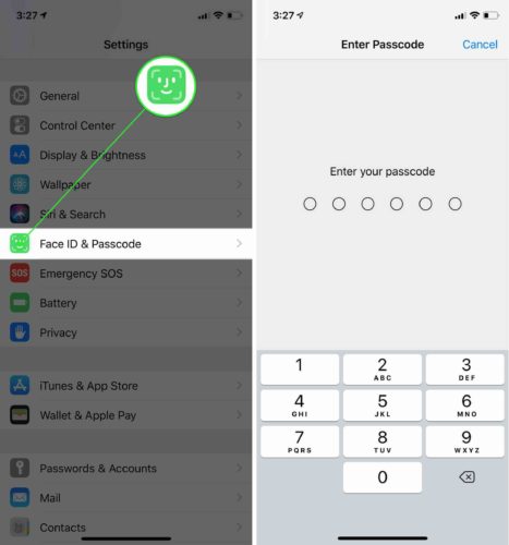 tap face id and passcode iphone x