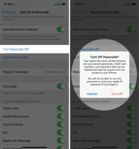 turn passcode off iphone settings