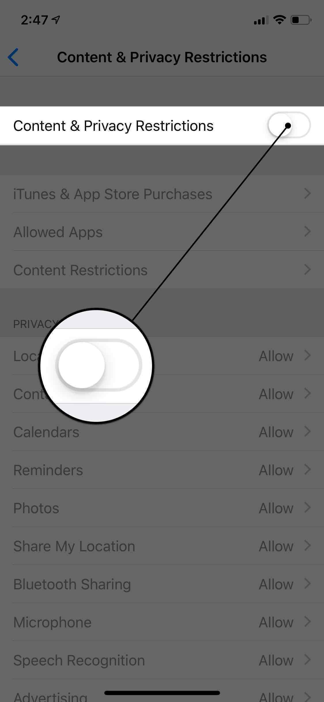 iphone content and privacy restrictions on or off