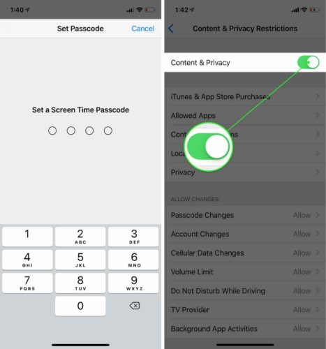 activar el contenido y la privacidad en el iphone