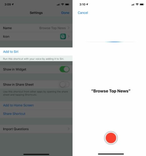 tap add to siri and record siri shortcut command