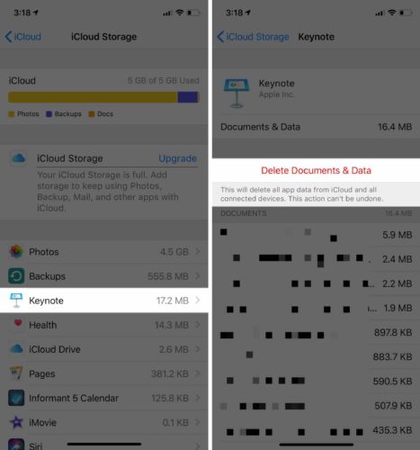 eliminar documentos y datos de almacenamiento en icloud