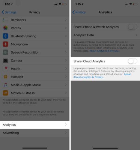 turn off share icloud analytics ios 12