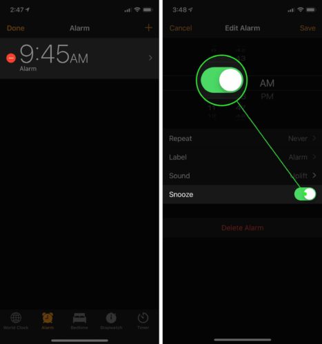 activa la función posponer en la alarma del iphone