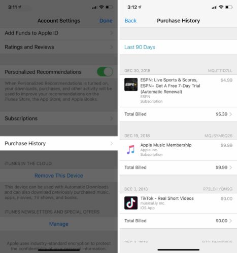 view purchase history on iphone