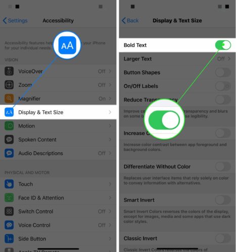 turn on iphone bold text