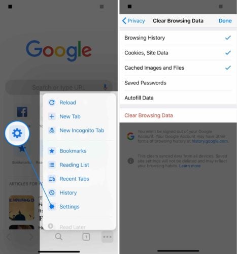 clear chrome browsing data on iphone
