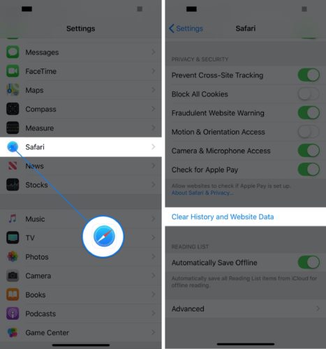 clear safari history and website data ios 12