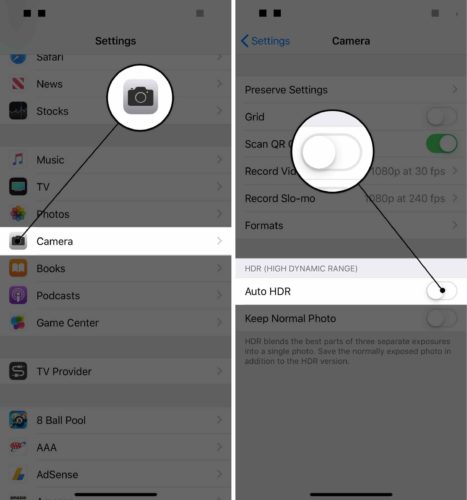 toggle auto hdr on iphone