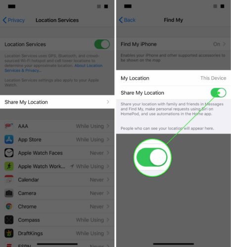 turn on share my location on iphone