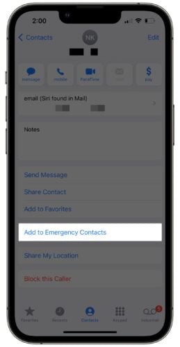 add emergency contact in phone app