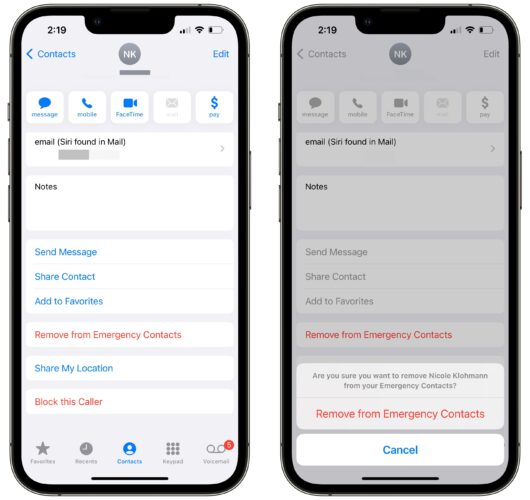 remove emergency contact in phone app