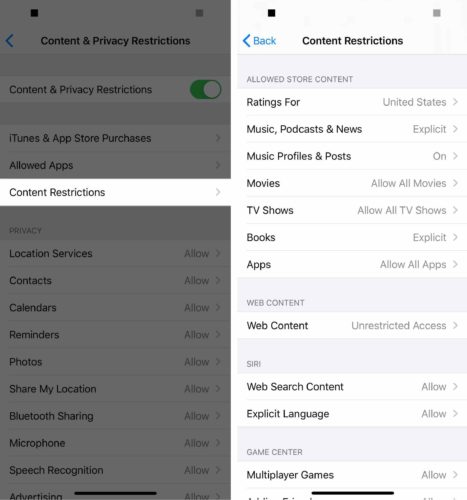 configurar restricciones de contenido en iphone