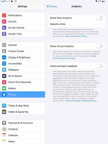 turn off ipad and icloud analytics