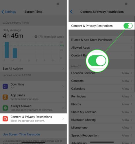turn on iphone content and privacy restrictions