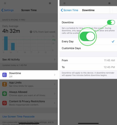 turn on screen time downtime