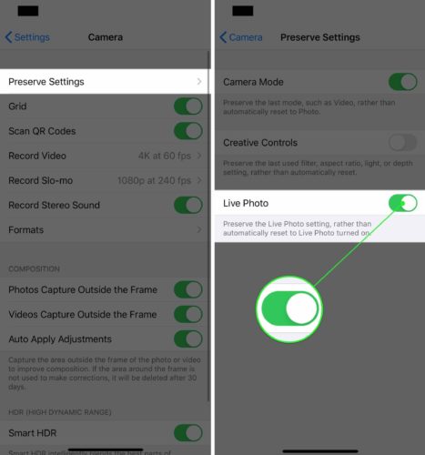 preserve live photo settings on iphone