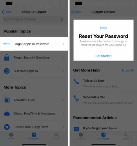 restablecer la contraseña del Apple ID en la aplicación del soporte