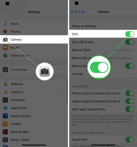 turn on iphone camera grid
