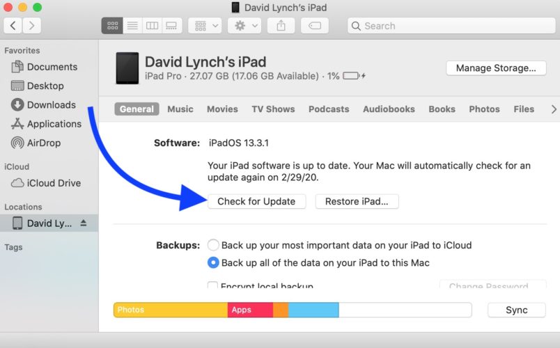 comprobar la actualización de ipad en finder