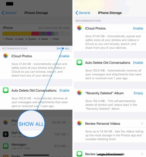 show all iphone storage recommendations