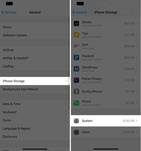system in iphone storage