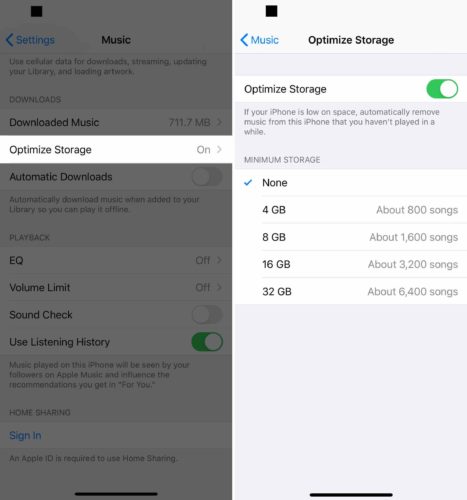 turn on optimized storage for music