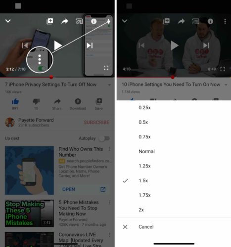 acelerar los videos de youtube en la aplicación de youtube