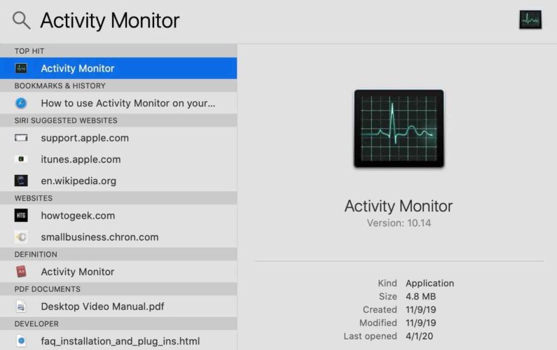 búsqueda en spotlight del monitor de actividad