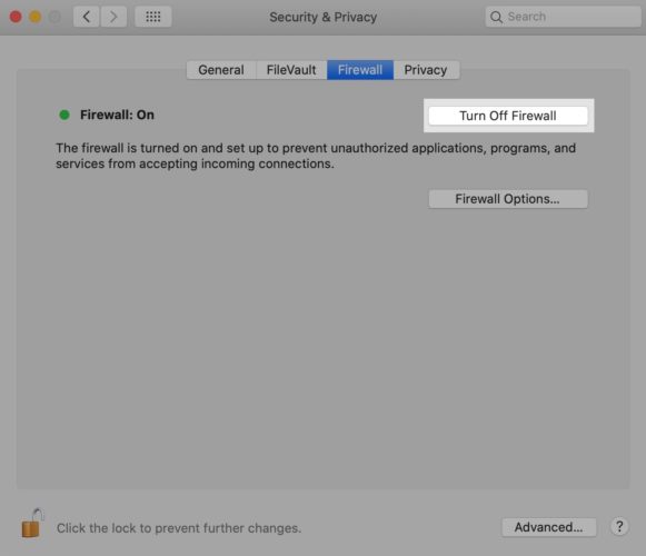 turn off firewall on mac